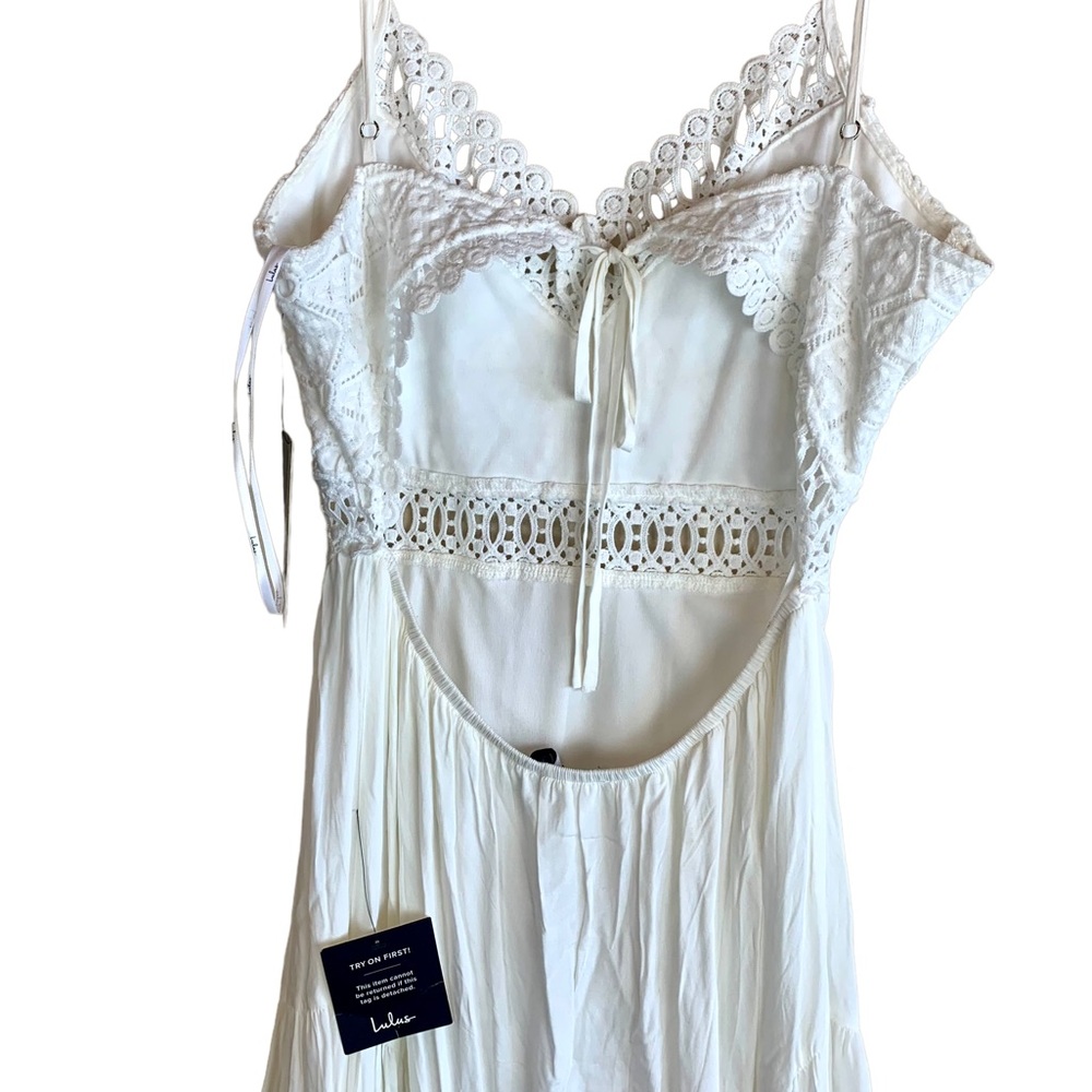 Lulu’s Sleeveless Backless Lace Cutout Maxi Dress White Rayon Boho Bridal - Picture 11 of 14